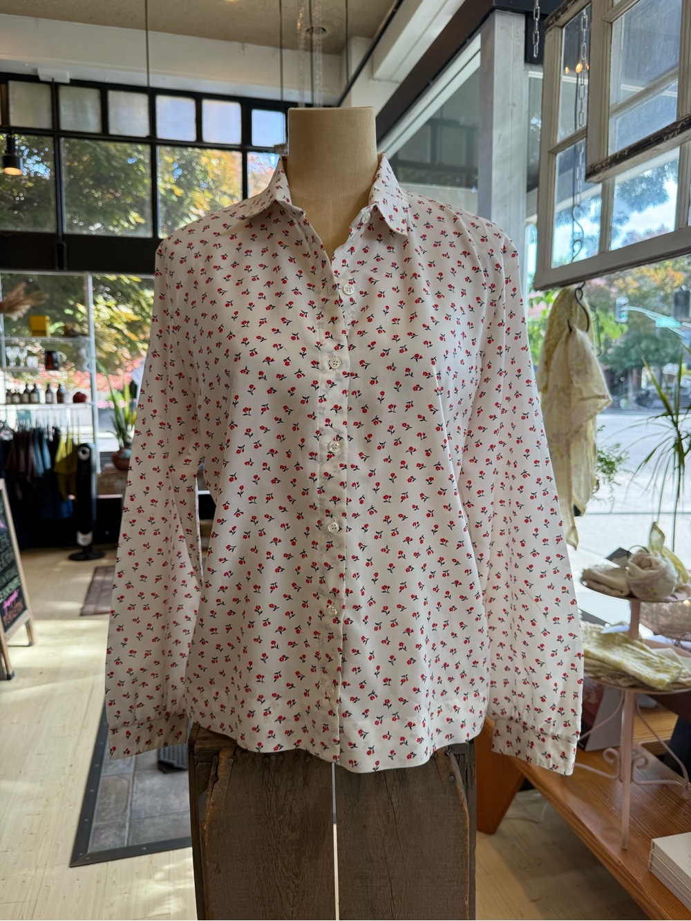 Women’s Vintage White Button-Down Shirt with Red Floral Print